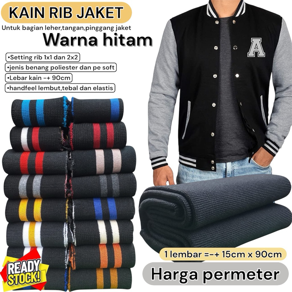 KAIN RIB BUR JAKET PREMIUM WARNA HITAM POLOS DAN SALUR TEBAL MURAH PER METER