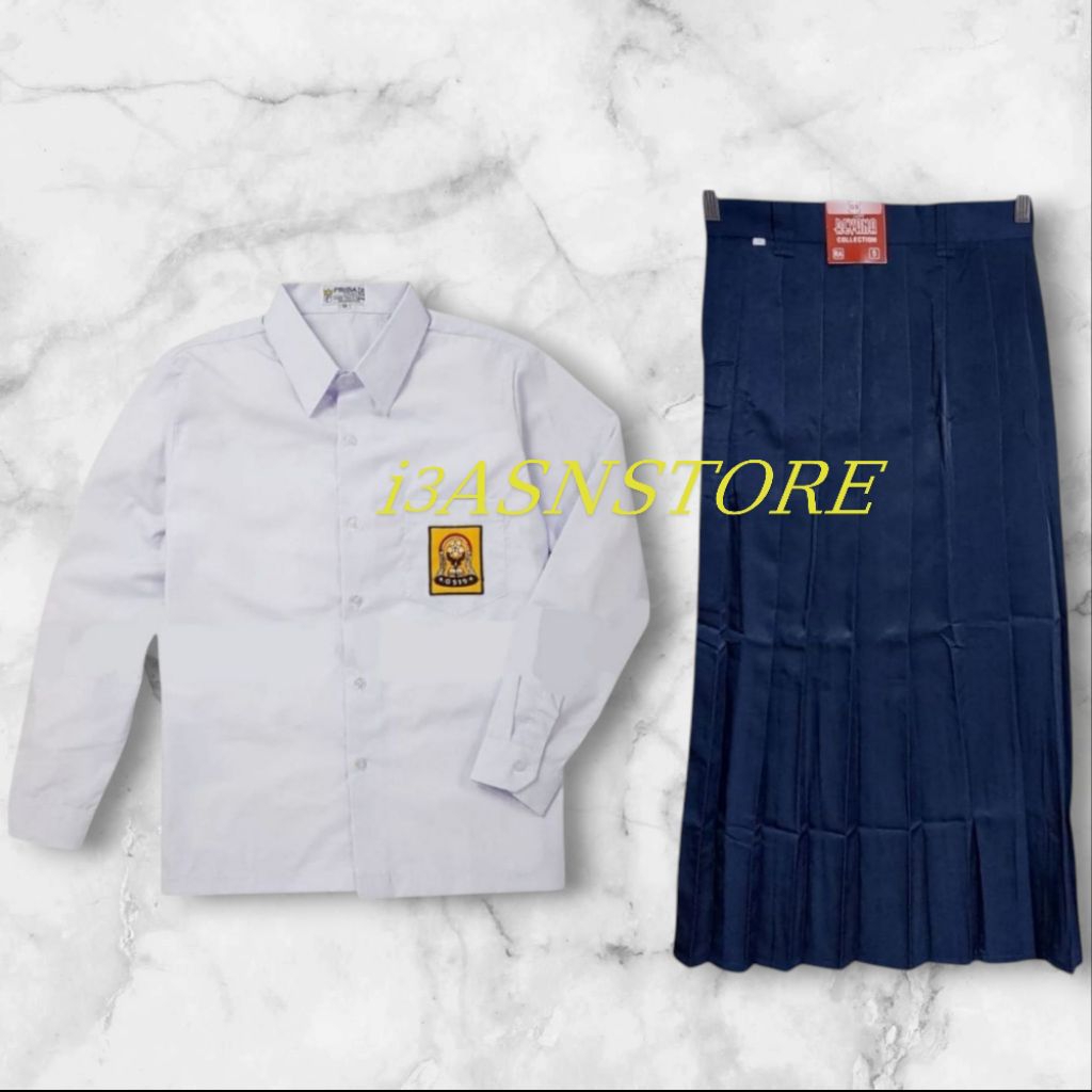 SETELAN SERAGAM SMP ROK RA BIRU & baju PUTIH panjang