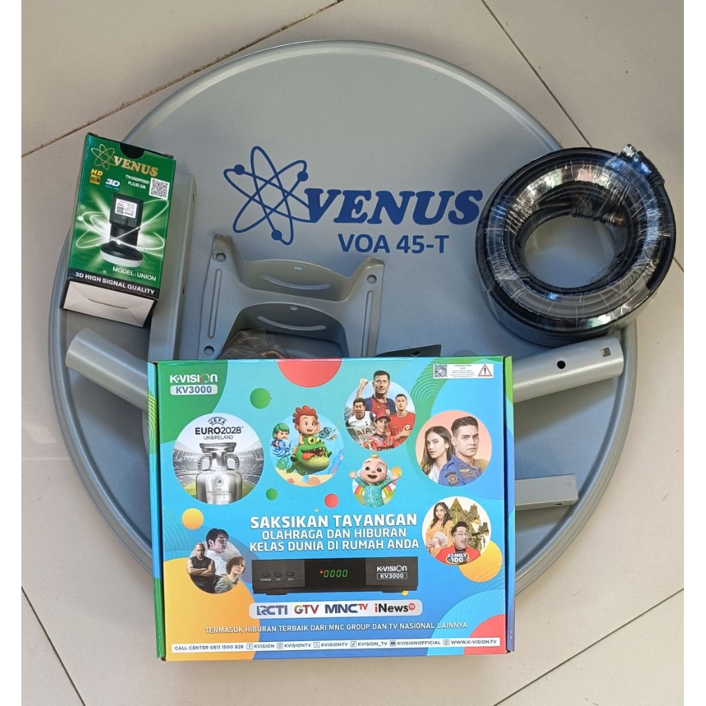 parabola mini 45cm abu abu+Receiver k-vision KV3000+lnbf+kabel, lengkap