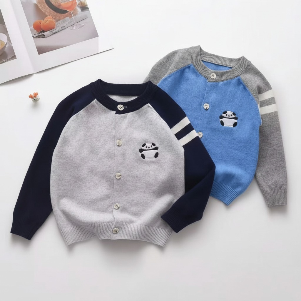Sweater Polos Anak Laki-laki Kancing Depan Bordir Panda (2 - 3 Tahun)