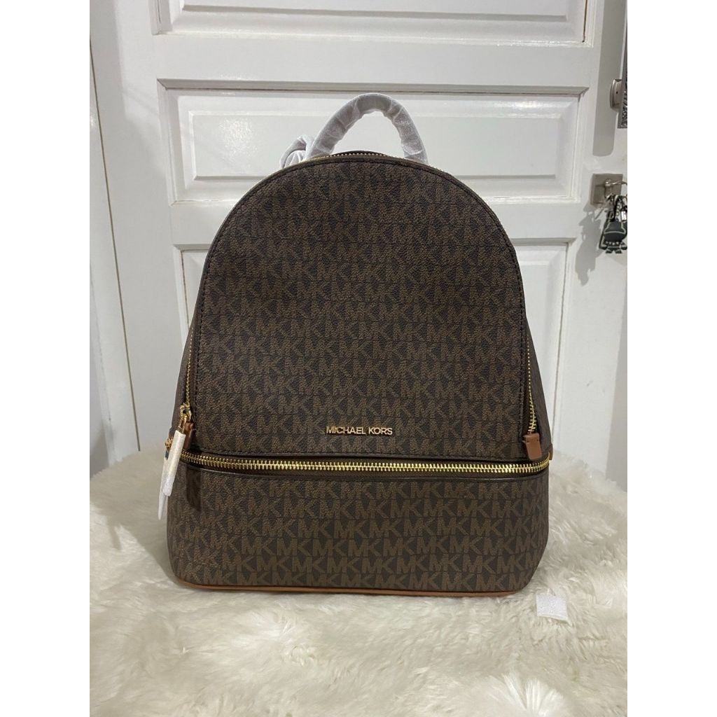 mk Rhea Leather Medium Zip Backpack Brown