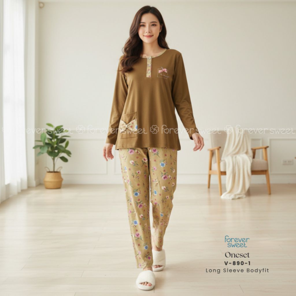 FOREVER SWEET Concept Baju Tidur Babydoll Setelan Piyama One Set PP Body Fit Bodyfit Celana Panjang 