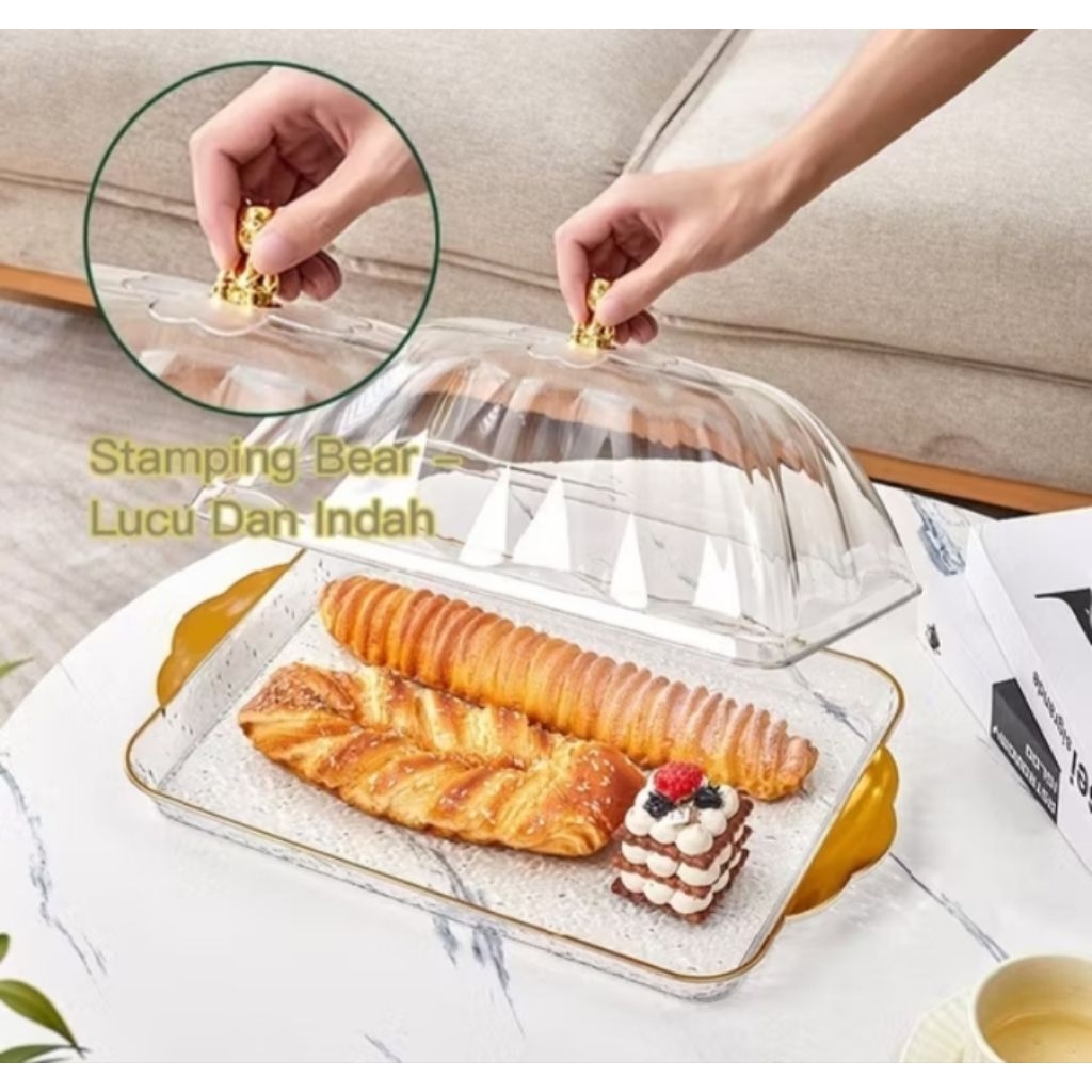 ESTETIK SET NAMPAN SAJI DAN TUTUP ROTI EMAS MEWAH AESTHETIC WADAH MAKANAN