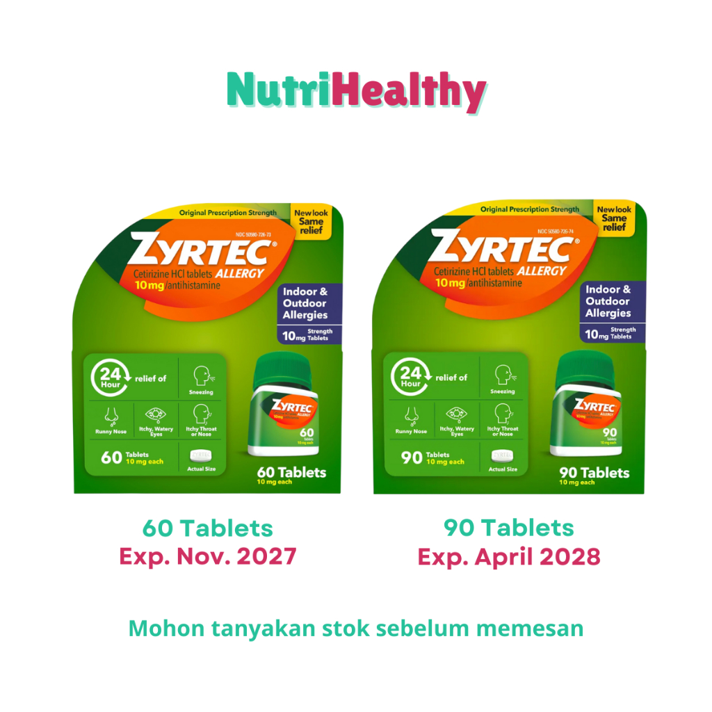 Zyrtec 24 Hour Allergy Relief 60 Tablet - Bekerja 24 Jam untuk Gejala Alergi Dalam & Luar Ruangan