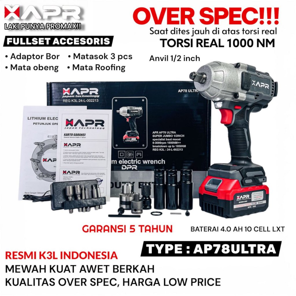 Impact wrench apr jumbo ultra ap78 impek bor pembuka baut roda CVT macet 1800nm