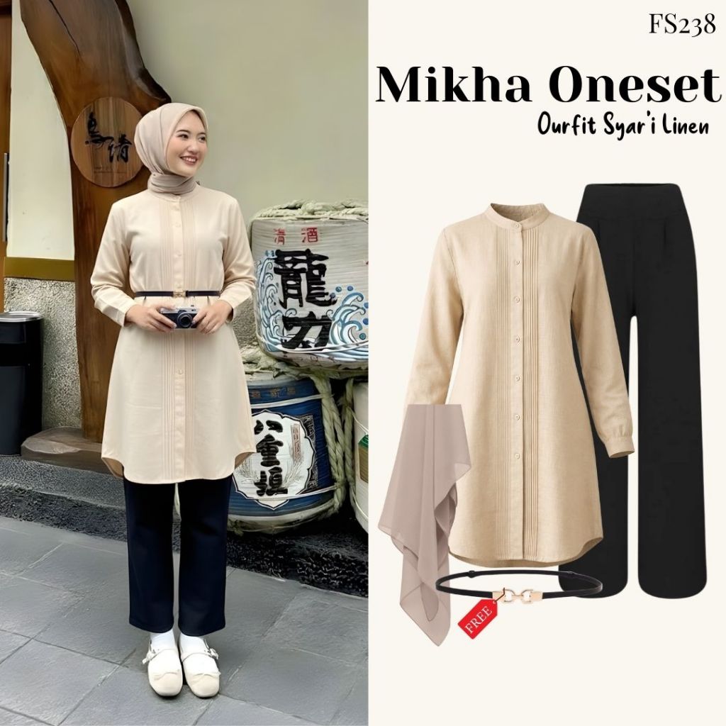 Mikha Oneset (Hijab, Belt, Tunik Linen, Celana Scuba) Outfit Hijab Syar'i OOTD Remaja Dewasa Kekinia