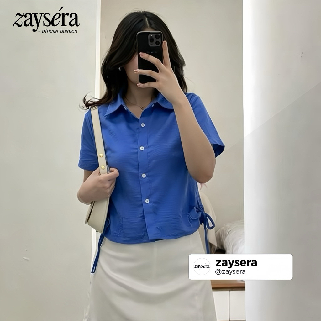 SENNIE | Kemeja Crop Wanita Crinkle Lengan Pendek Tali Samping S - XXL baju atasan wanita terbaru