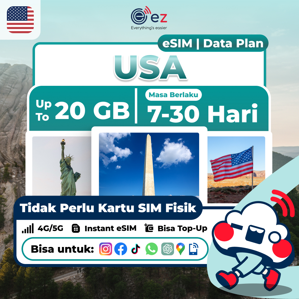 [ez] eSIM Flexi Plus USA (Amerika Serikat) | Kuota hingga 20GB | 4G/5G | QR Instan Email | Data Only