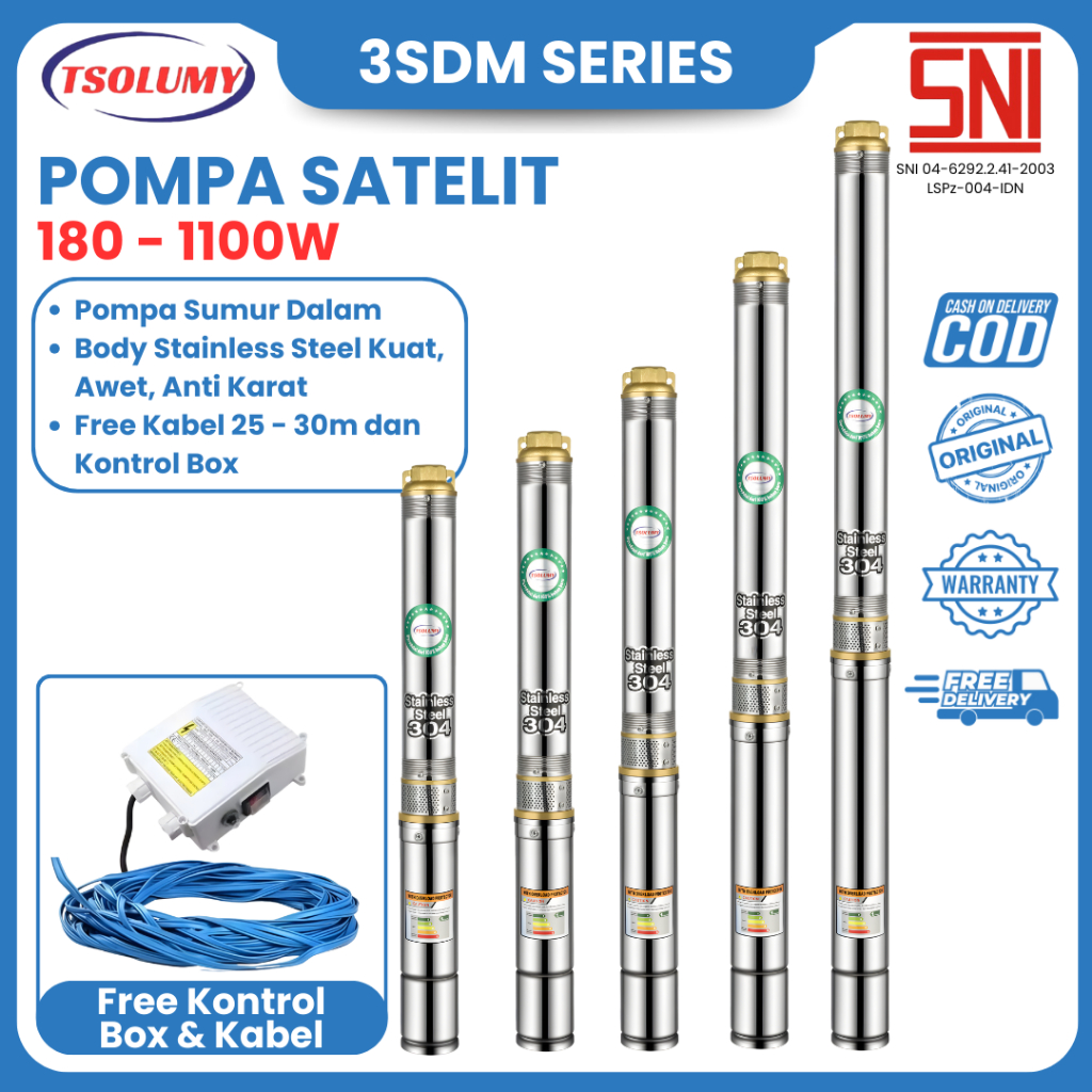Tsolumy Pompa Air Satelit 3SDM Series 250–1100 Pompa Sumur Dalam Stainless Pompa Sumur BOR Steel 304