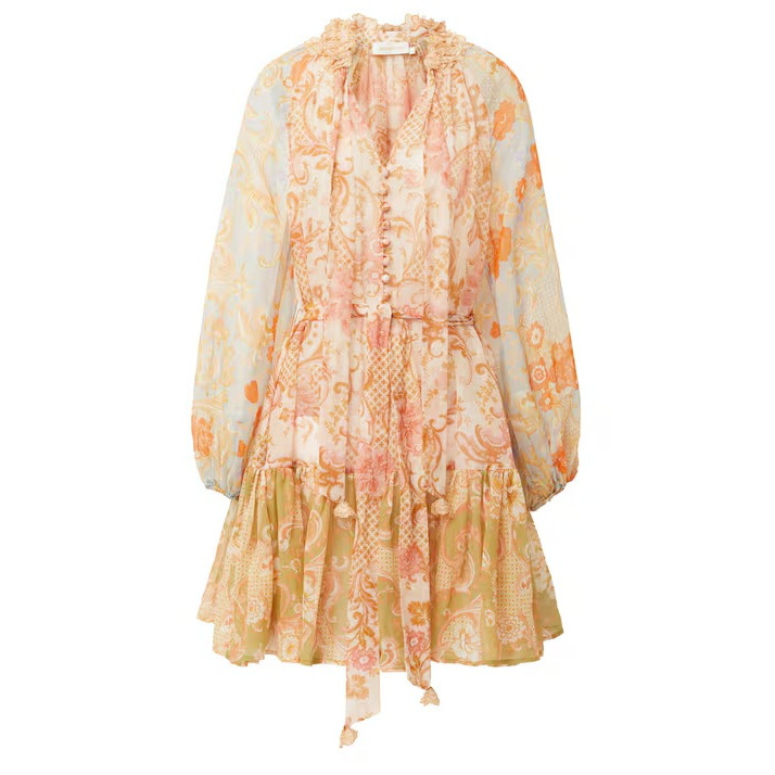 Dress Gaun Bunga Cantik Zimmermann Postcard Lantern Floral Mini Dress Long Sleeve