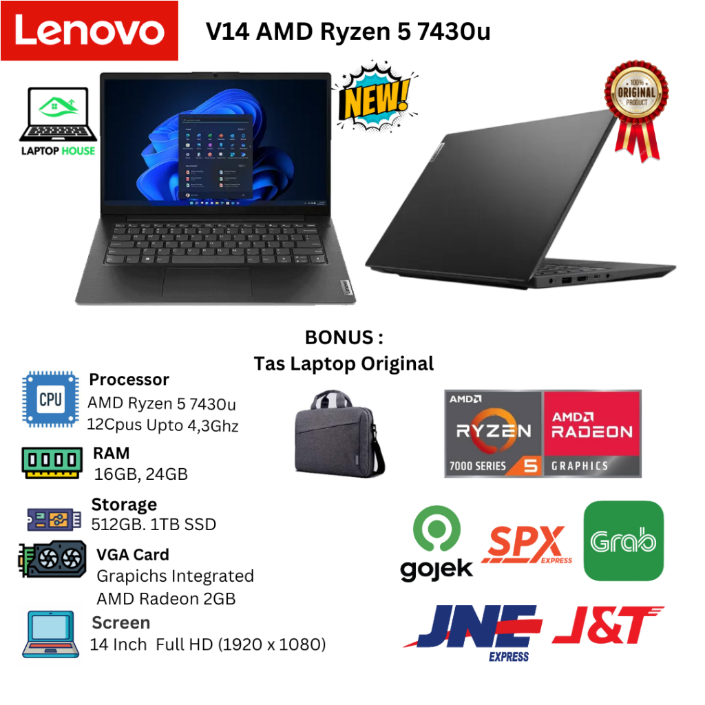 Laptop Baru Lenovo  V14 G4  AMD Ryzen 5 7430U 12 Cpus Up to 4.3 GHz