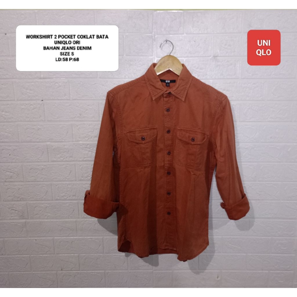 KEMEJA WORKSHIRT COKLAT BATA UNIQLO OR1 SIZE S