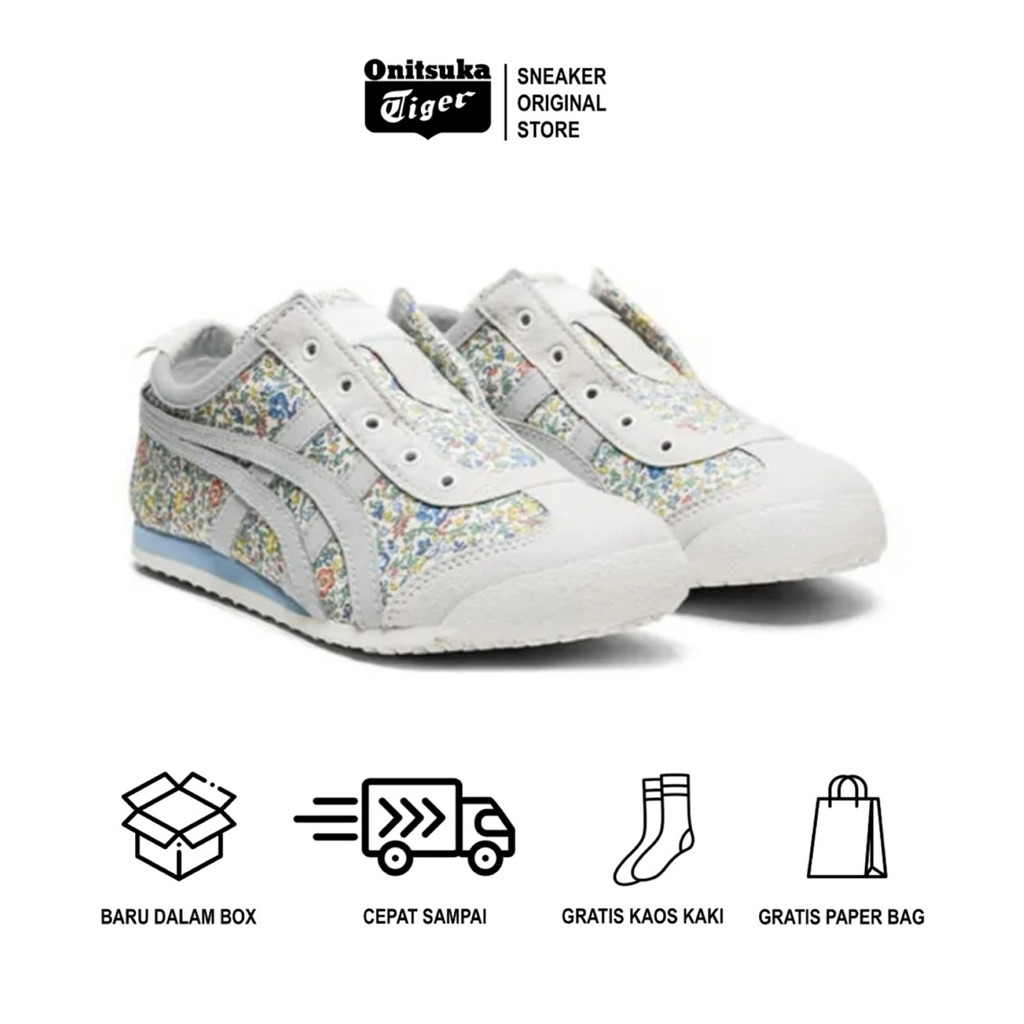 Sepatu Sneakers Onitsuka Tiger Mexico 66 Slip On Flower Blue /Sepatu Wanita Original