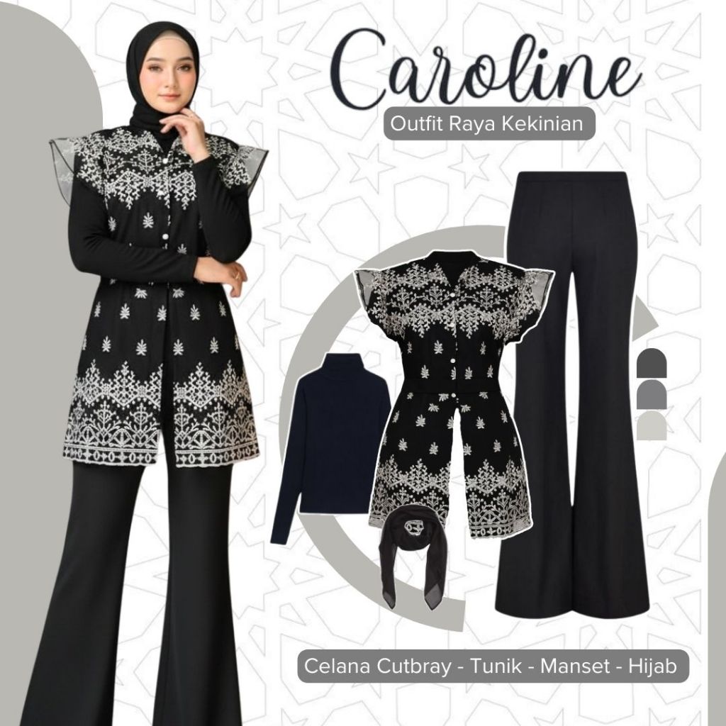 Setelan Outfit Elegant OOTD Kondangan Atasan Tunik Arfas - Manset Hitam - Celana Cutbray - Dan Hijab