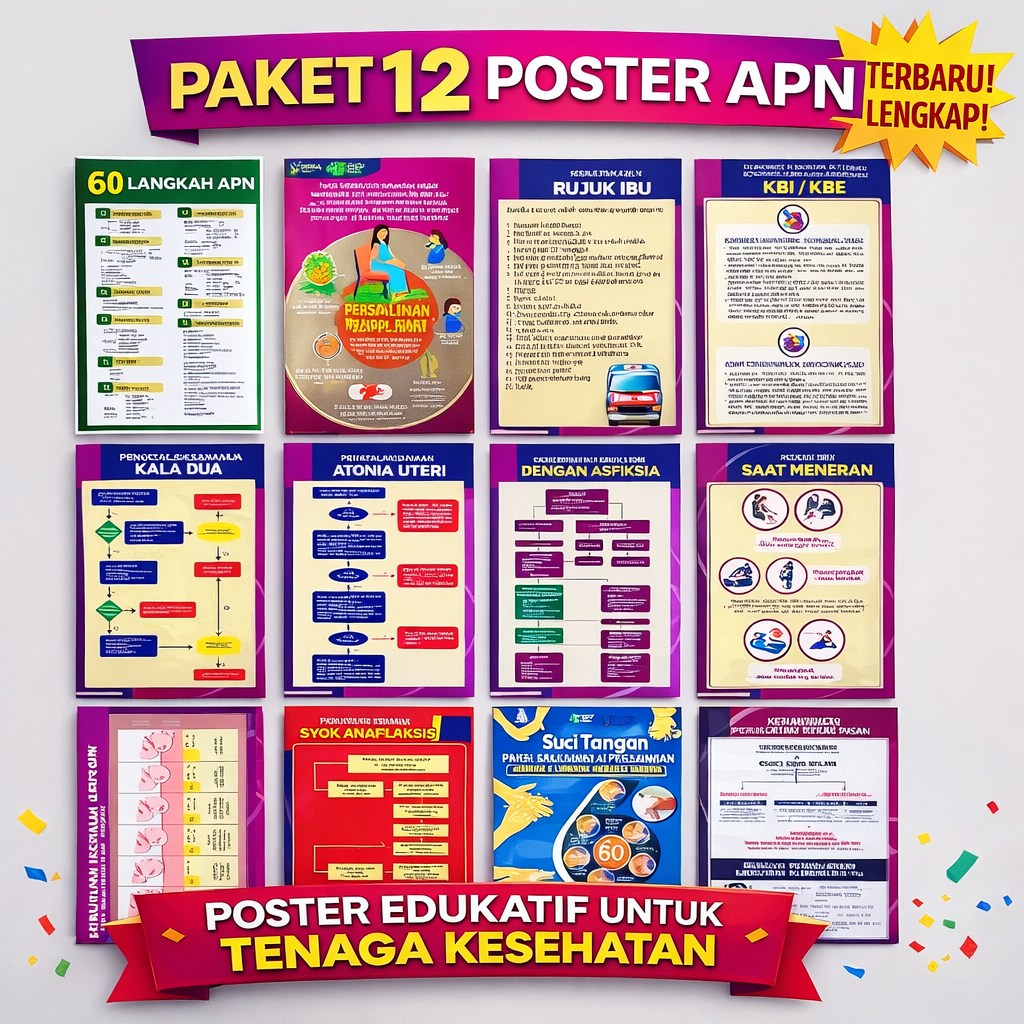 Paket Poster | 12 Lembar Poster APN Lengkap | Poster Kebidanan Kesehatan | Poster Persalinan