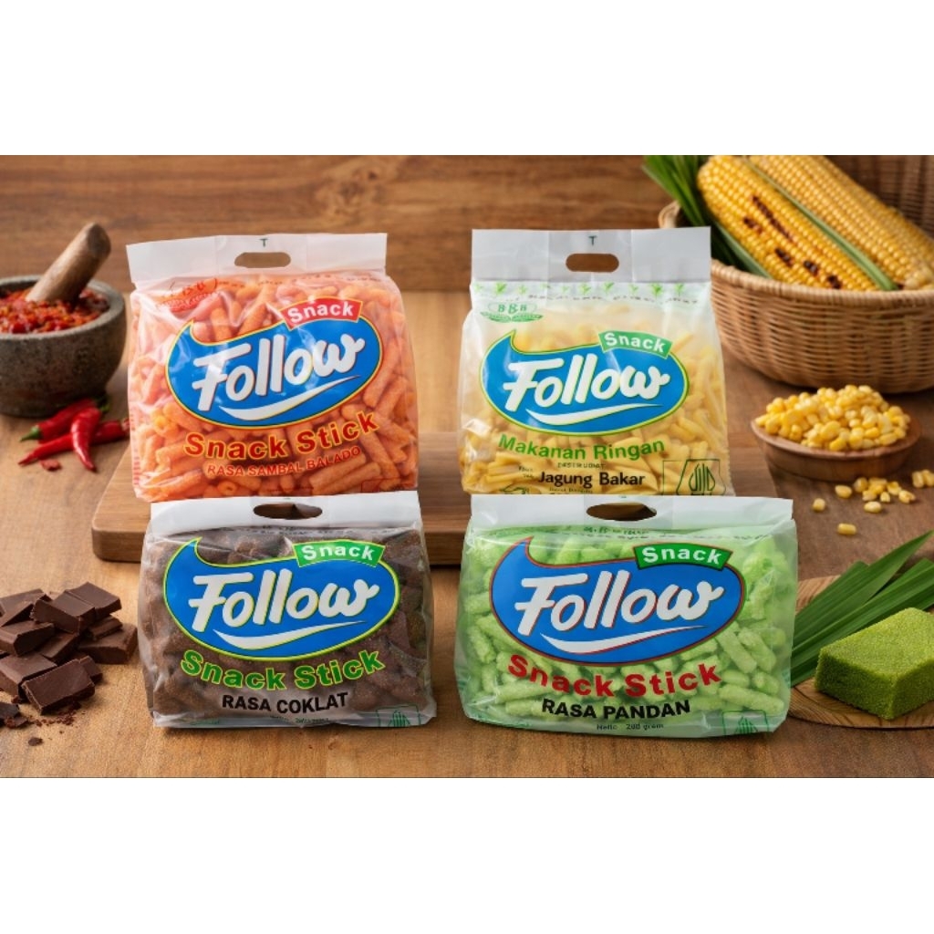 Follow Snack stik balado,stik jagung bakar,stik coklat dan stik pandan 200gr