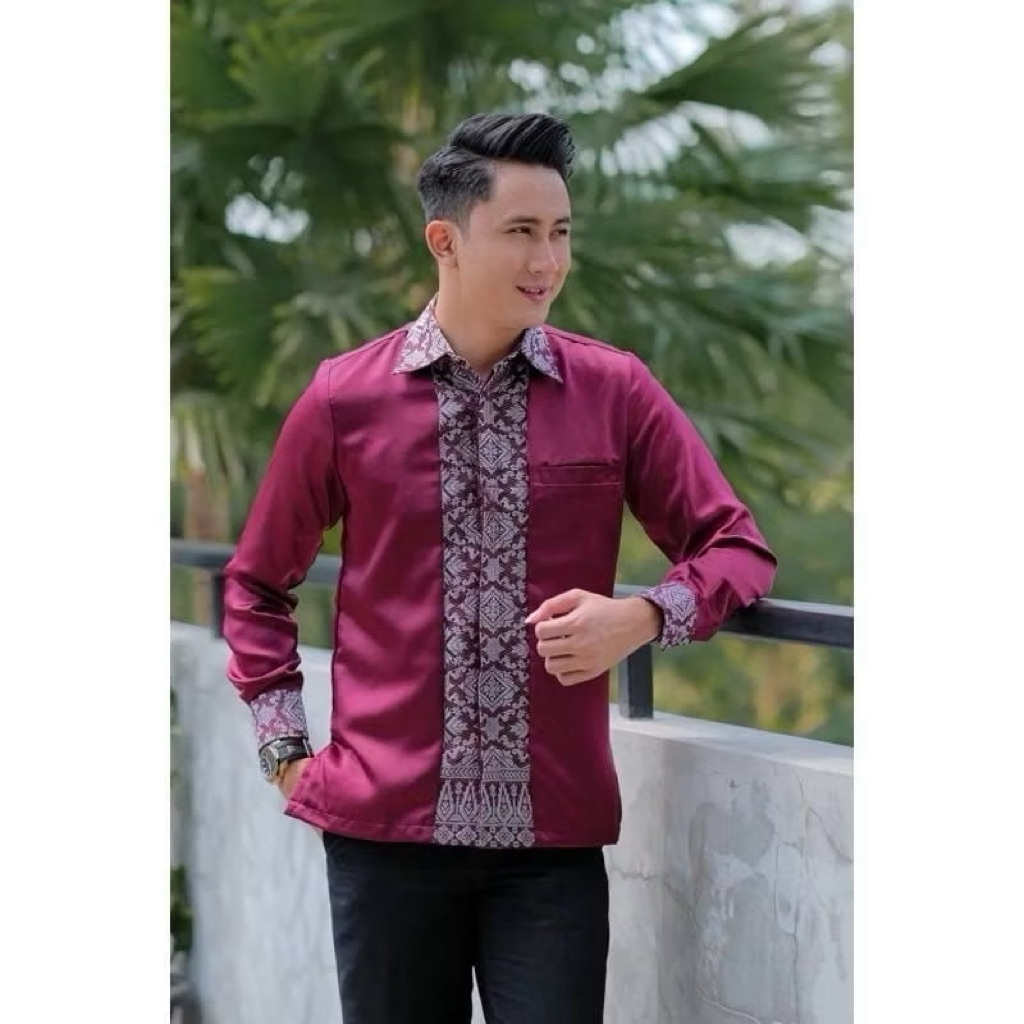 kemeja satin pria kombinasi songket