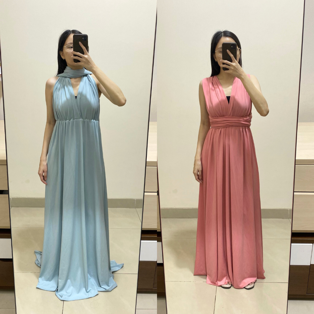Bridesmaid long dress pesta biru & pink adjustable