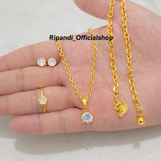 Set Perhiasan Titanium Rantai Medan Anting Tusuk Permata Warna Emas24K Tidak Luntur