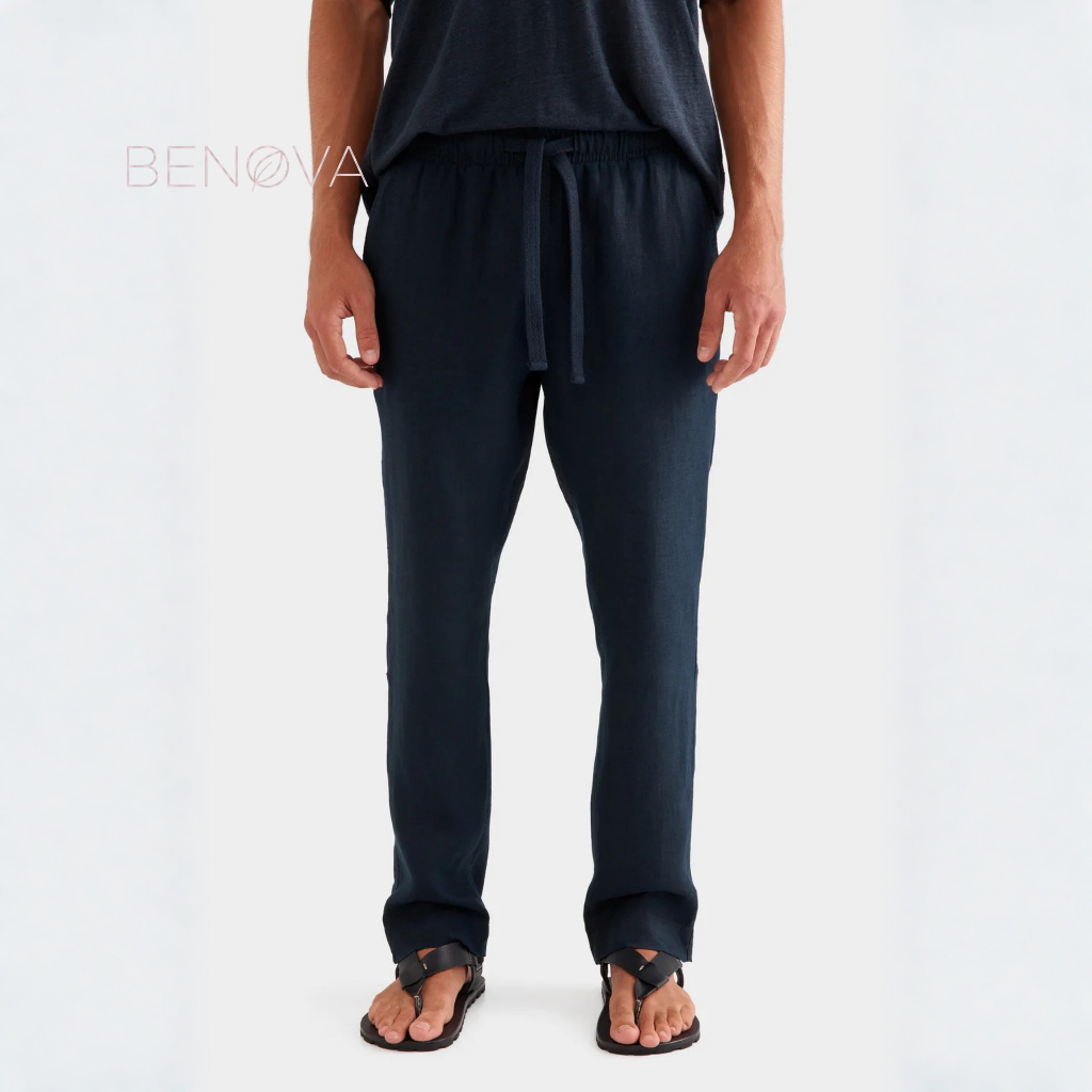 BENOVA Celana Panjang Linen Pria Mens Linen Loosepants - Navy Blue