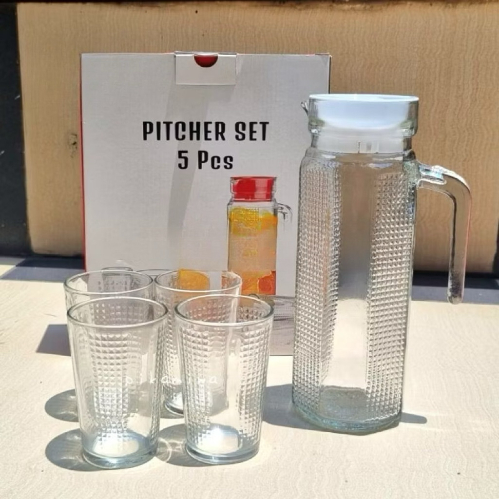 Kimglass Teko Set + 4 Gelas Kaca / Water Jug Set / Pitcher Set motif random