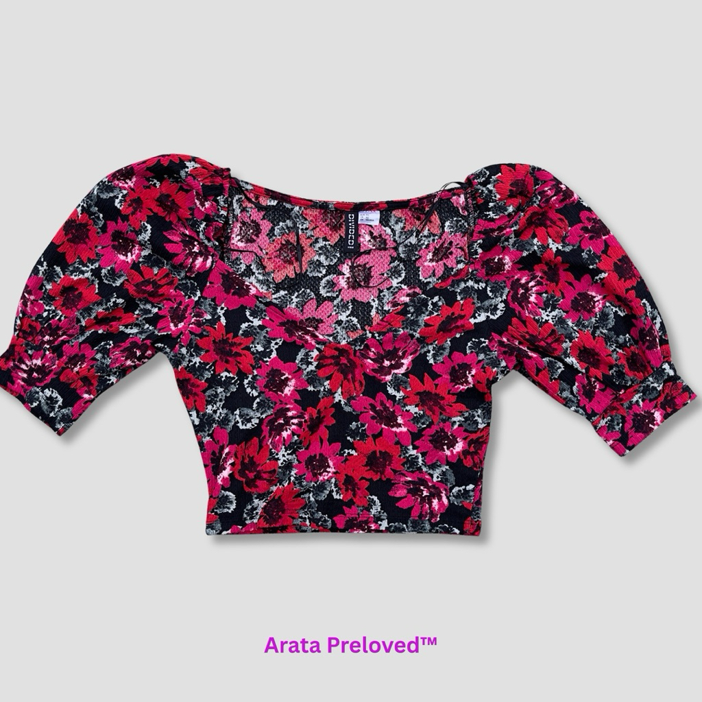 H&M Floral Puff-Sleeve Crop Top Original Like New
