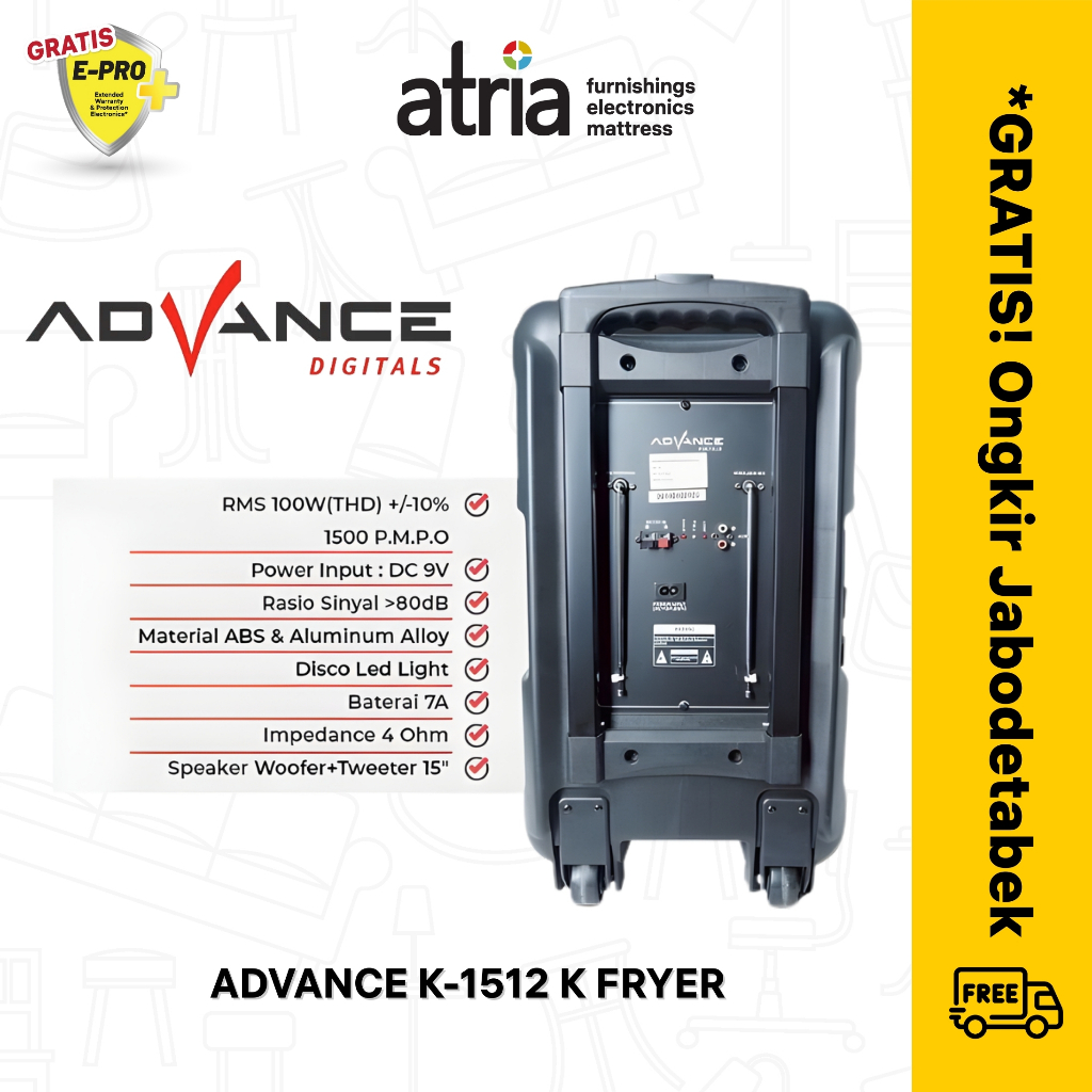 Speaker Advance K1512K / K1512-K / K1512 K Bluetooth Karaoke 15 Inch Free 2 mic Wireless