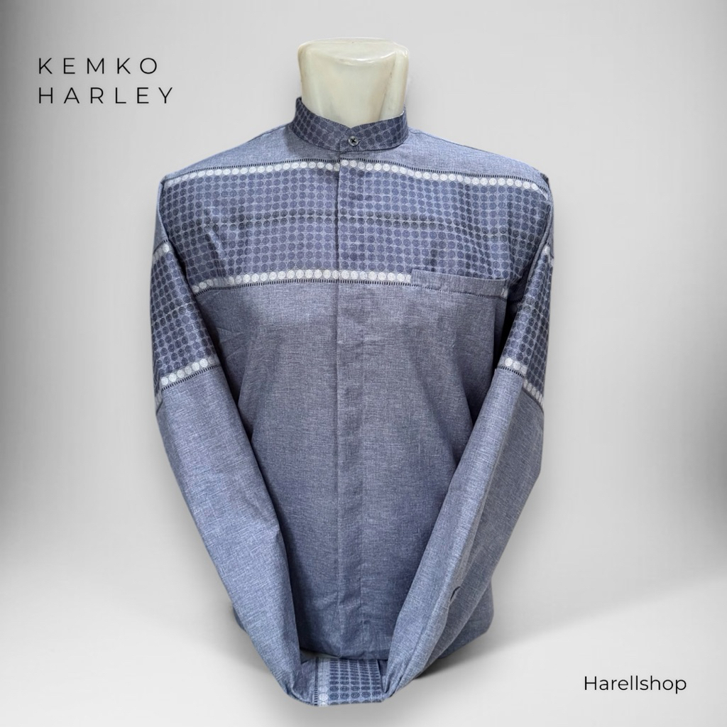 Kemko Harley Pria Lengan Panjang Denim Blue Grey | Baju Koko Modern Katun Adem | Koko Premium