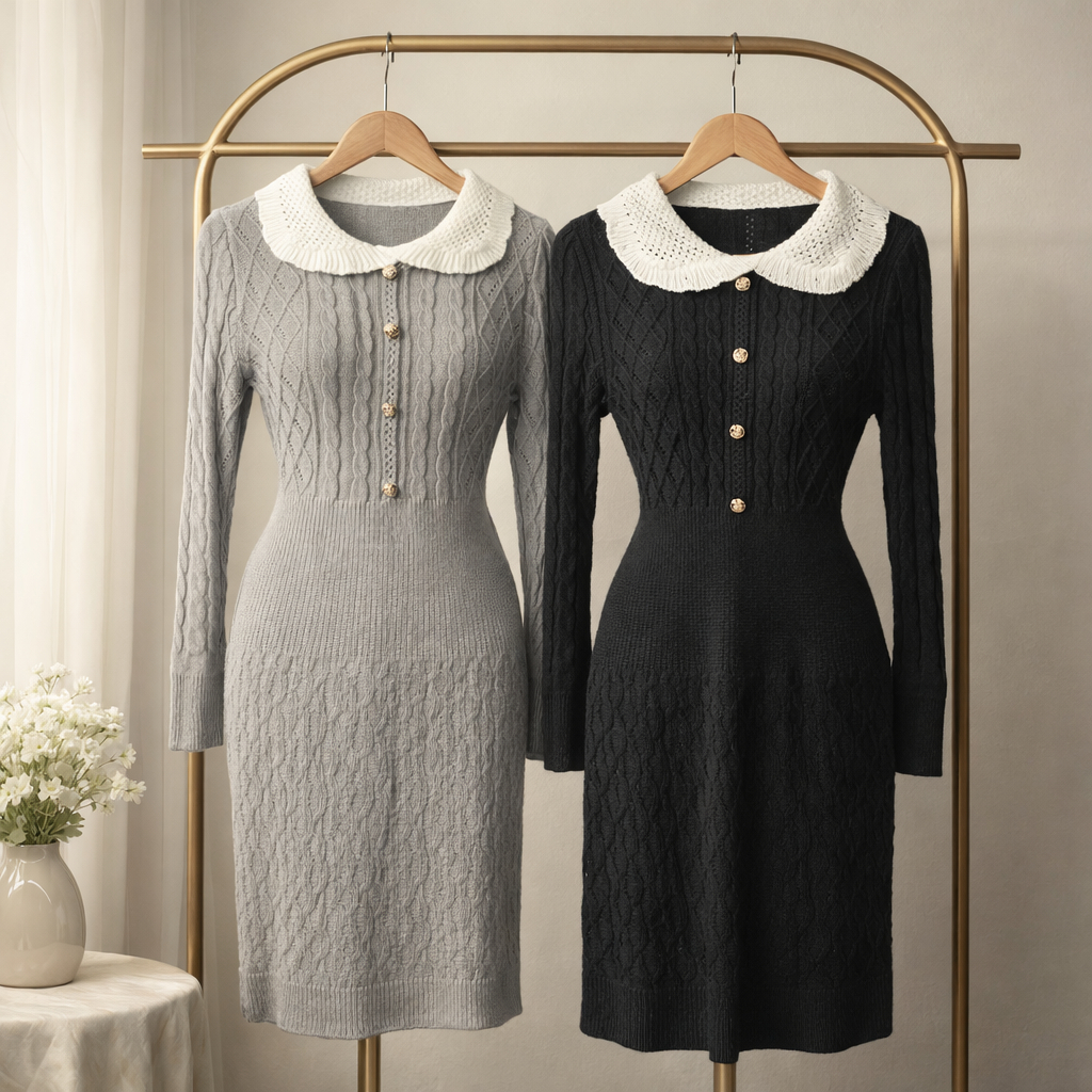 [Hallyu]  Dress Rajut Woll Variasi Kancing Lengan Panjang | Long Dress Knit Tebal Premium | Dress Wa