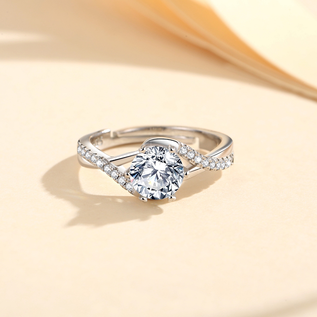 LOVETIA Cincin Moissanite Wanita Bercakar Enam 1.0 Ct S925 Perak Elegan Sertifikat GRA Berlian Asli 