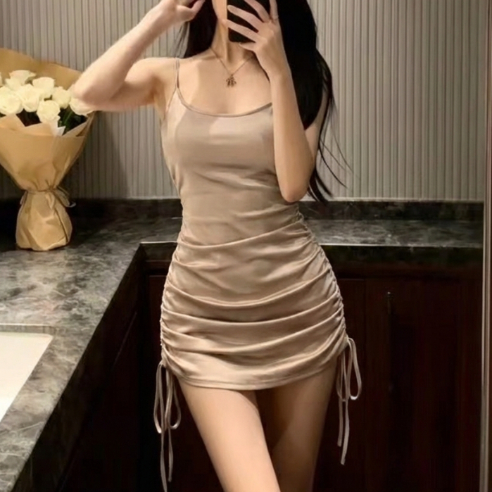 99kOUTLET Mini Dress Spaghetti Strap Side Drawstring 3345 (S/M/L/XL)