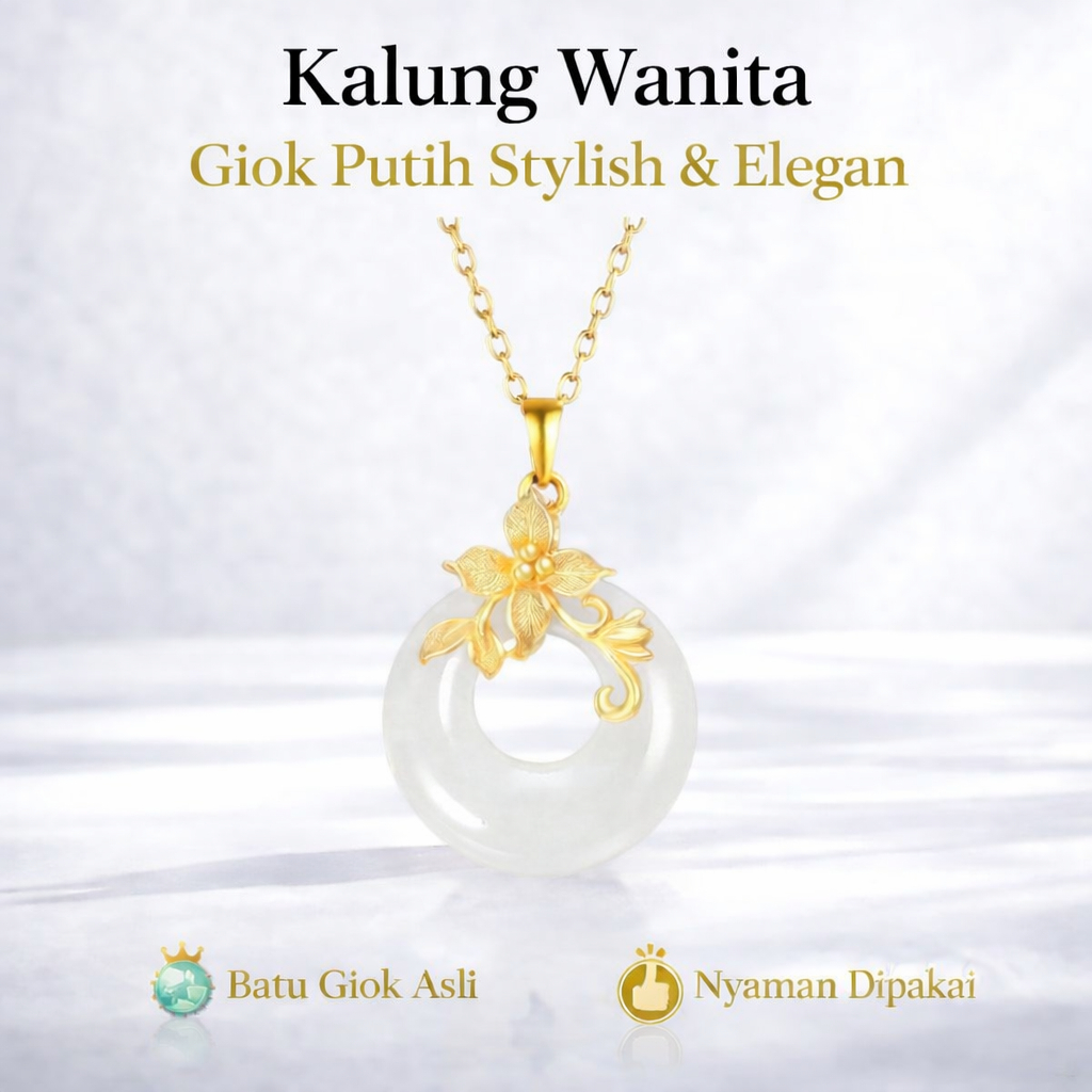 Kalung Giok Wanita Putih | Liontin Bulat Bunga Perhiasan Giok Hoki |  Stylish Elegan | Rantai Emas M