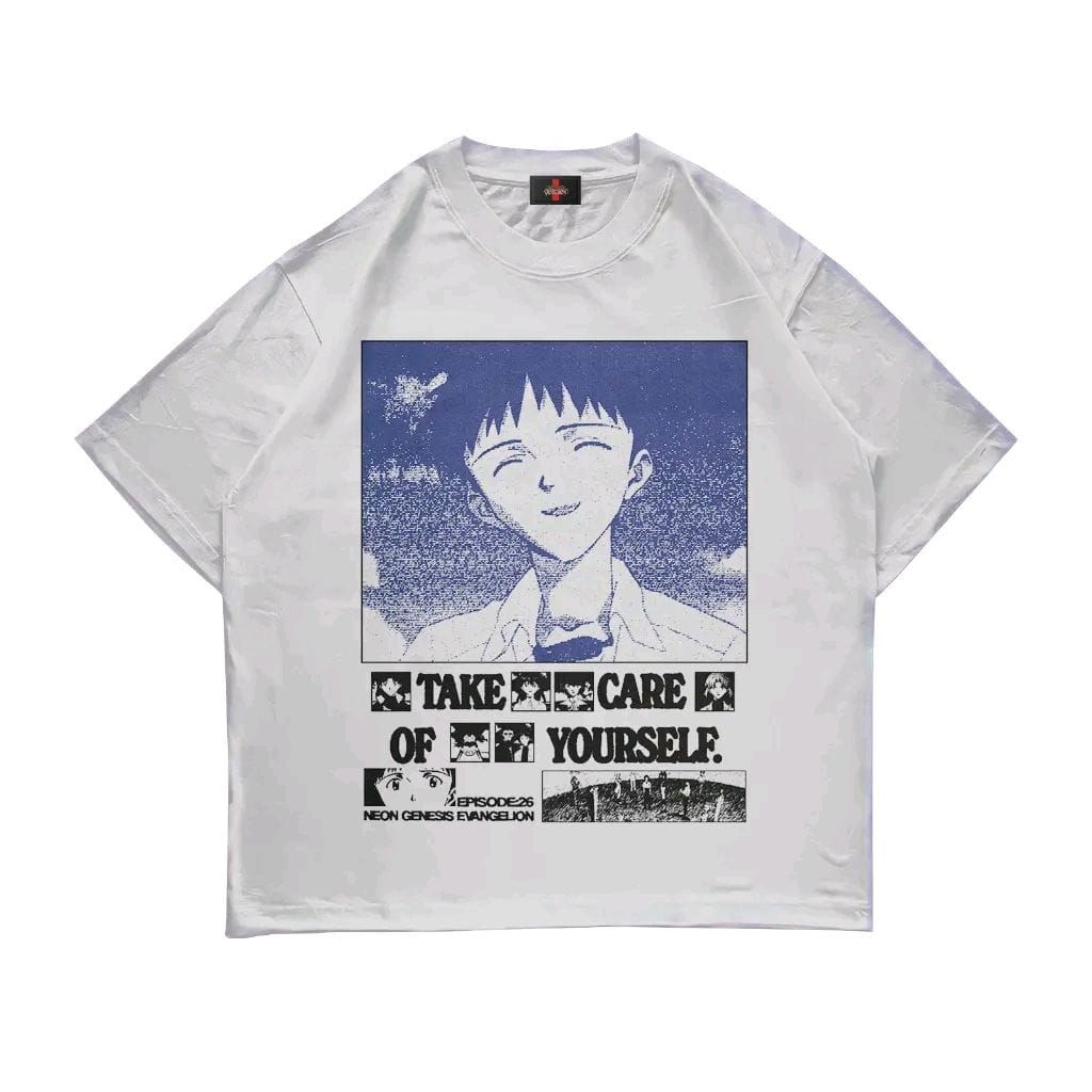 Kaos EVANGELION TAKE CARE YOURSELF Katun Combad 30s | Kaos Baju ANIME EVANGELION PREMIUM Rap Tee | T