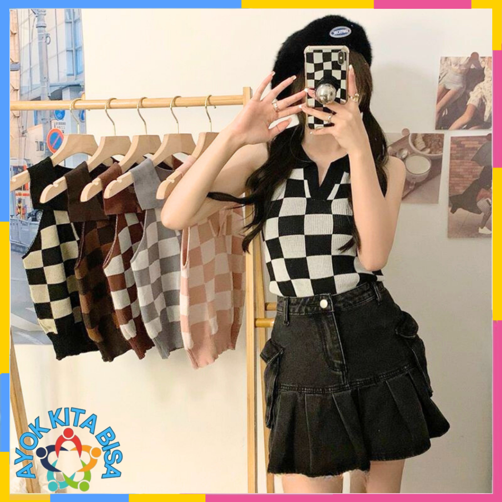 AKB Baju Crop Wanita Korean Diamond Kode 6859  Plaid Knit Vest Crop Top Rompi Rajut Korea V Neck Bah