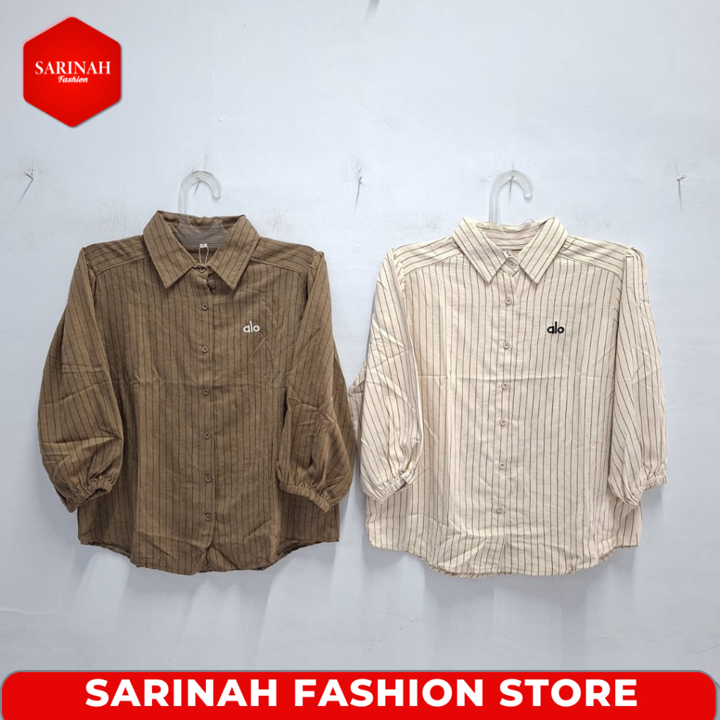 Blus Kerah Lengan 7/8 Atasan Wanita Motif Salur