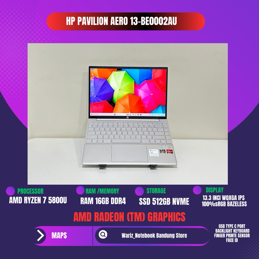 HP PAVILION AERO 13 BE0002AU AMD RYZEN 7 5800U RAM 16GB SSD 512GB 13 inci FHD 100sRGB