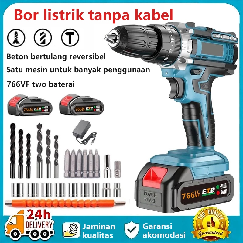 Bor listrik 766VF Mesin bor 2baterai cas 10mm bor listrik murah bor tangan baterai besi tembok Beton