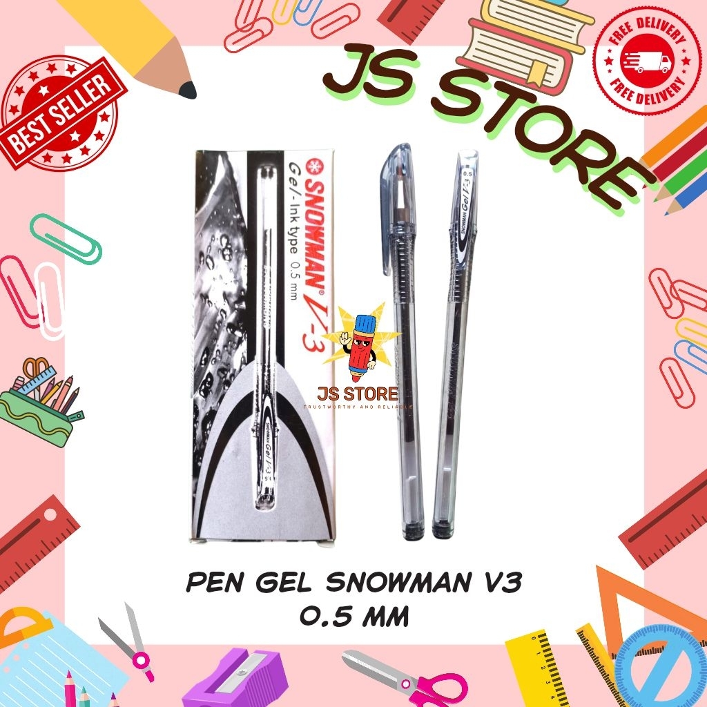 (12 Biji) Pen Gel Snowman V3 / Pulpen Snowman V3 / Bolpen Gel Snowman V3 / Bolpoin Gel Snowman V3