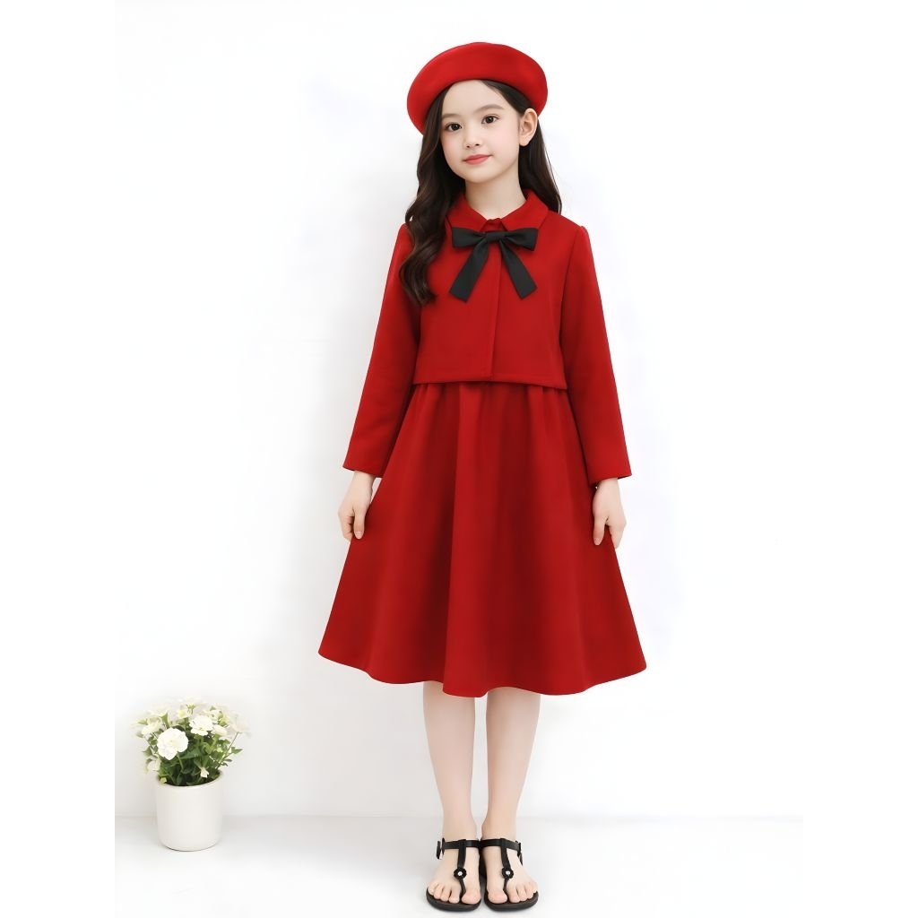 Dress Anak Pesta / Natal Warna Merah St.Chenia Baju Anak Perempuan Dress Modis Gaun Anak Cewek Fashi