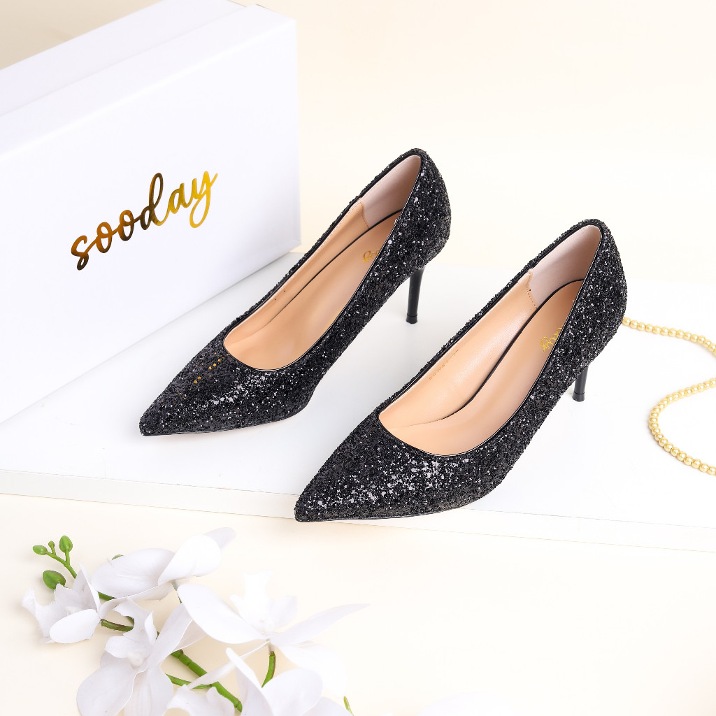 Sooday No. 1024 Black / Size 34-43 / 7.5cm / glitter high heels / party heels / sepatu hak tinggi pe