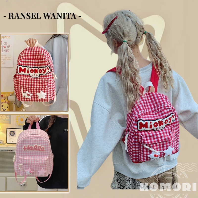 [New]Tas Ransel Wanita Korean Look /Tas Ransel Sekolah Cewek Pola Kotak-Kotak /Ransel Kotak-kotak Re