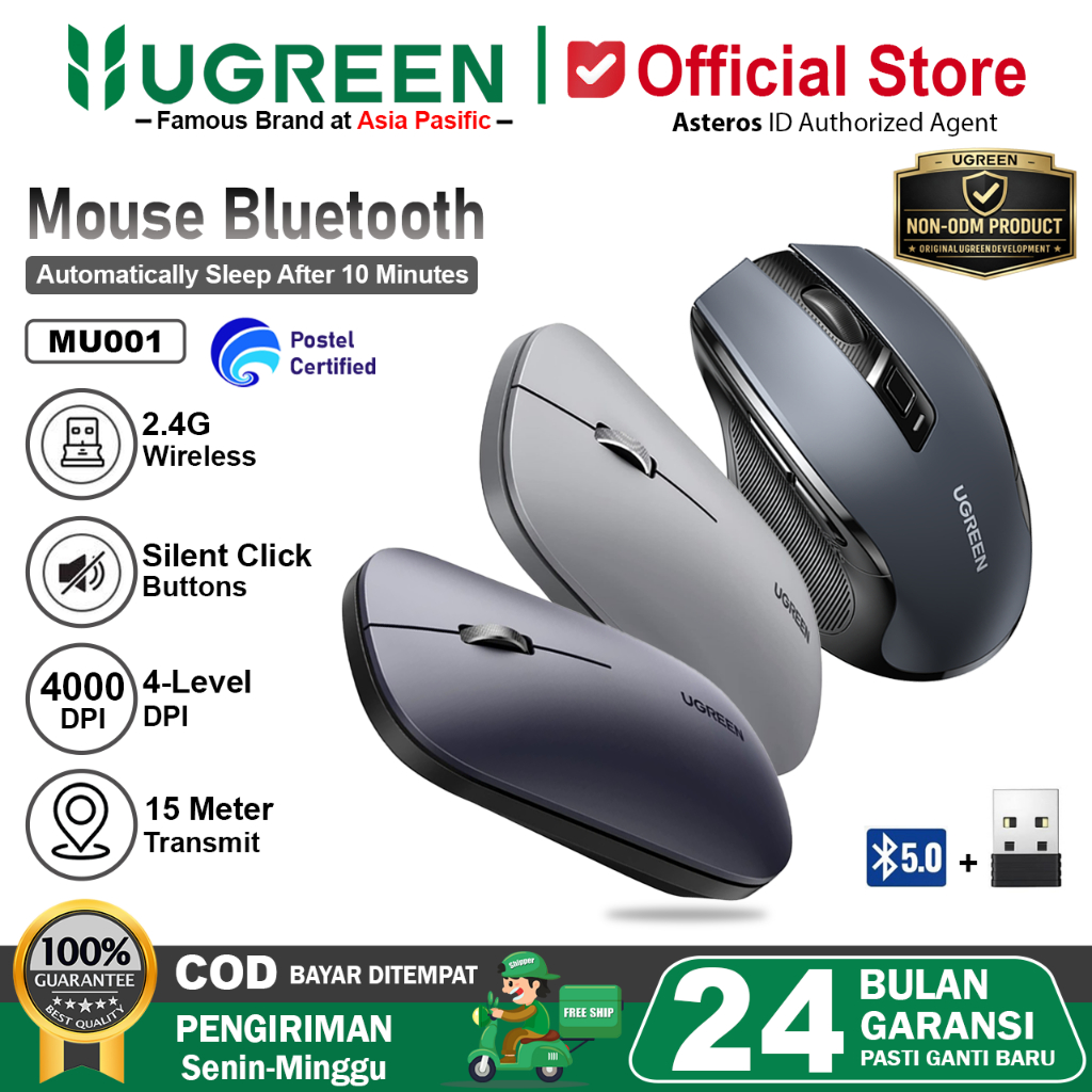 UGREEN Mouse Wireless Dual Koneksi Bluetooth & dongle Silent Click For Windows Linux Mac