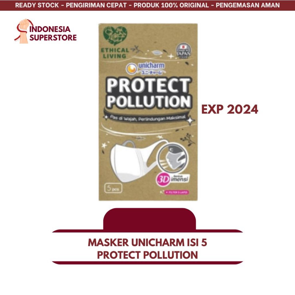 UNICHARM Protect Pollution 3D Mask M 5p Melindungi Polusi 3 Lapisan Filter 99% Virus