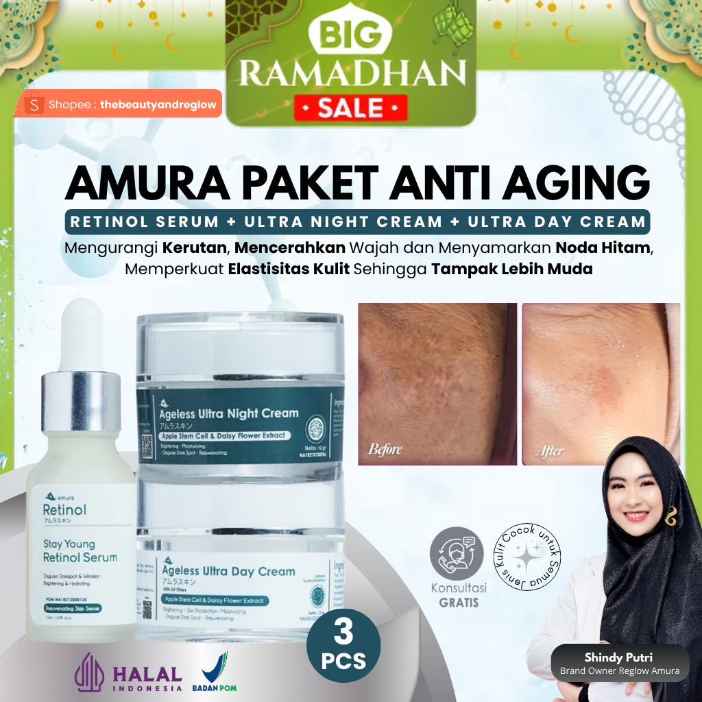 Amura Paket Anti Aging - Lawan Kerutan dan Flek Hitam Bandel (Retinol Serum, Night Cream, Day Cream)