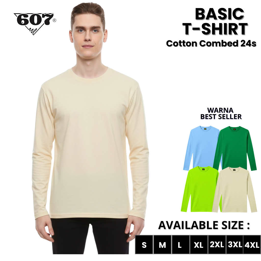 607 PRATAMA Baju Kaos Cowok Lengan Panjang Polos Combed 24s Premium Warna Biru Muda Hijau Stabilo 4X