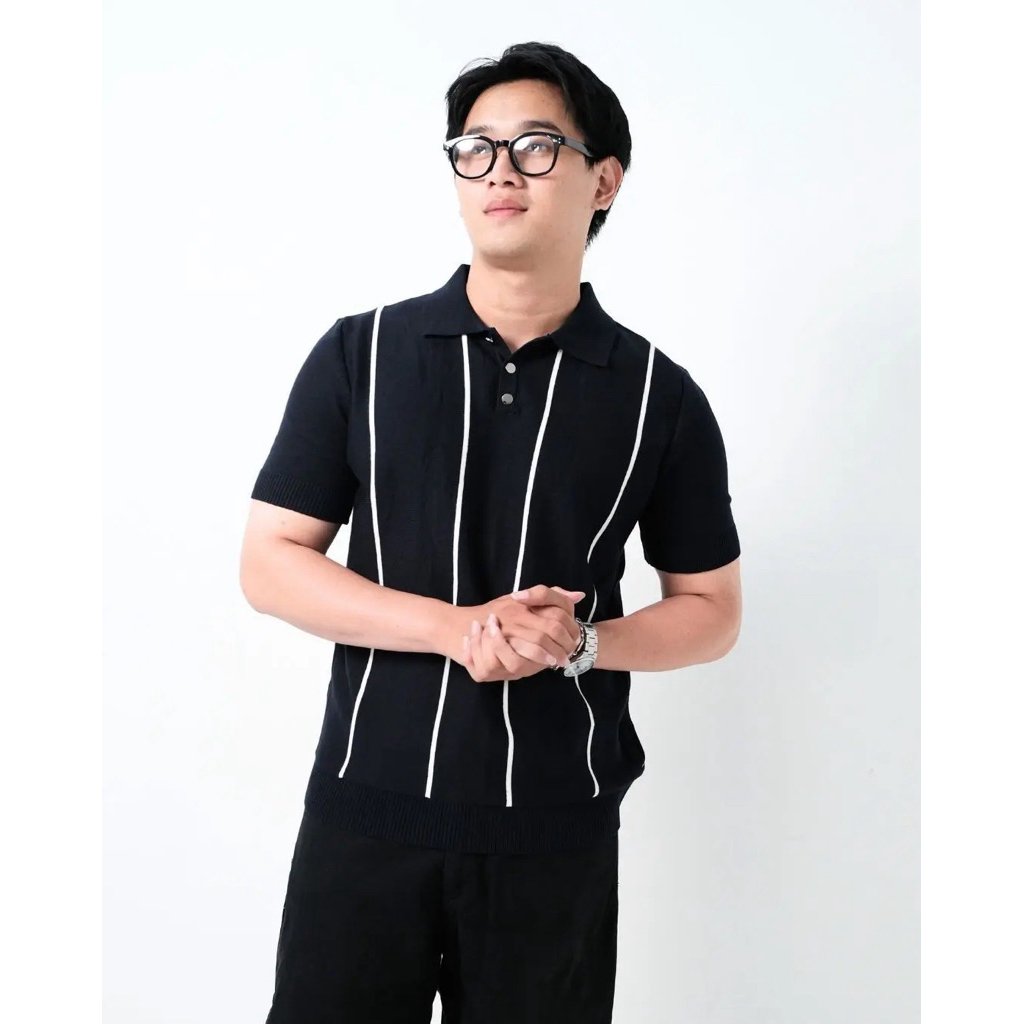 Atarable - Kaos Polo Knit Stripe Pria Black White Vertikal Casual