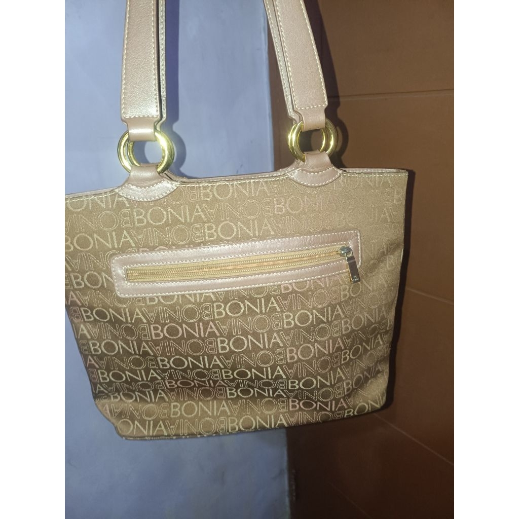 Bonia Vintage Monogram Canvas Tote Bag with Floral Embroidery