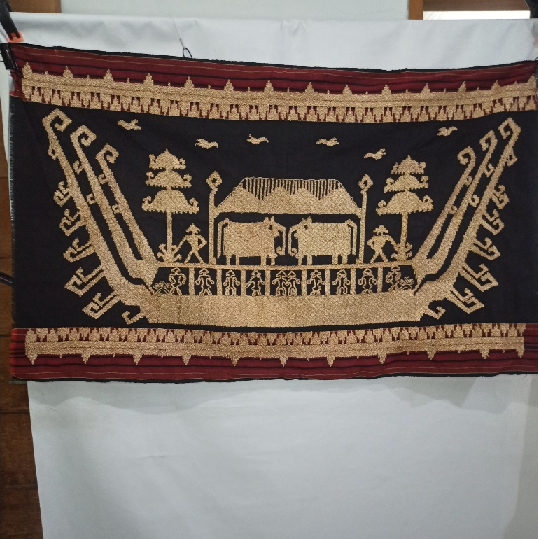Hiasan Dinding Tapis Lampung Kapal Gajah Sulam Tenun  Tanpa Bingkai