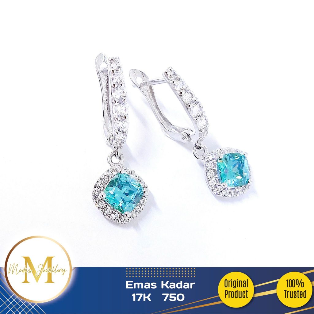 MODIS JEWELLERY - Anting Jepit Kotak Mata Hijau Tosca Putih - Emas 17k 750