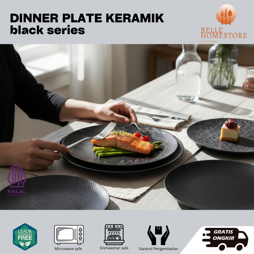Piring Makan Keramik Motif Estetik Hitam / Black Dinner Plate 27.5cm by Belle.Homestore